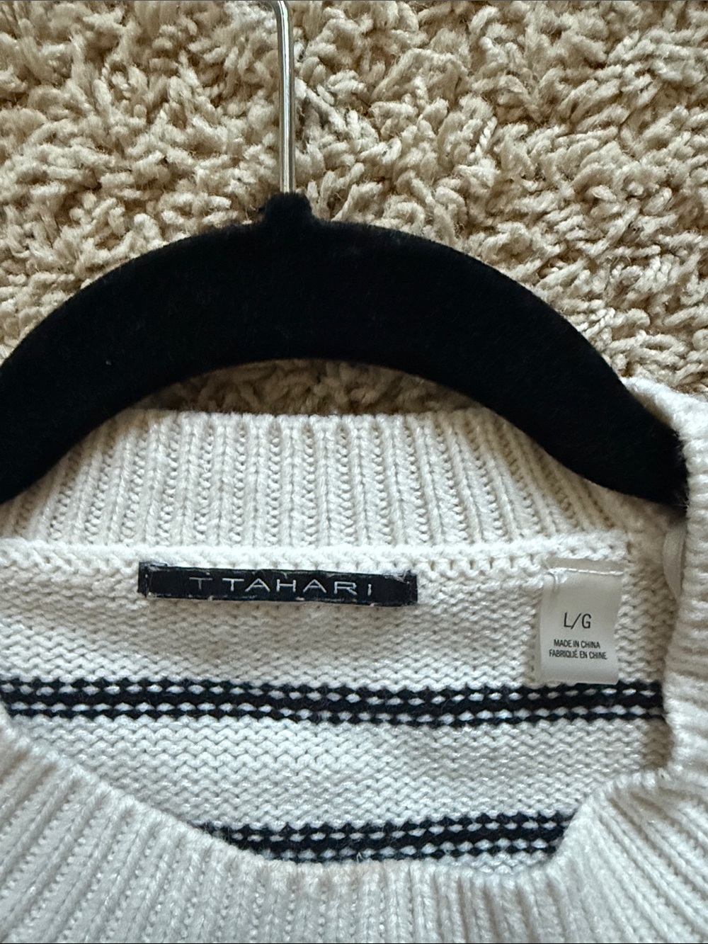 T Tahari Cream and Black Striped Crewneck Sweater - Picture 5 of 5